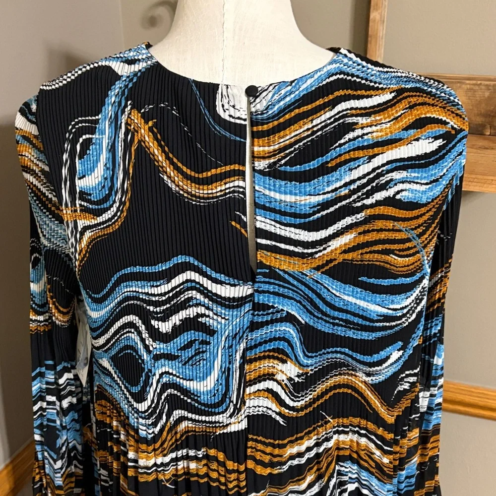 Nine West black, blue, & brown Abstract Wave Pattern long sleeve dress size M